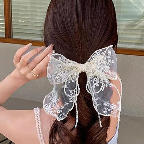 Accessories - Women's White Lace Embroidery Pearl Unique Luxury Elegant Hair Bow Accessory